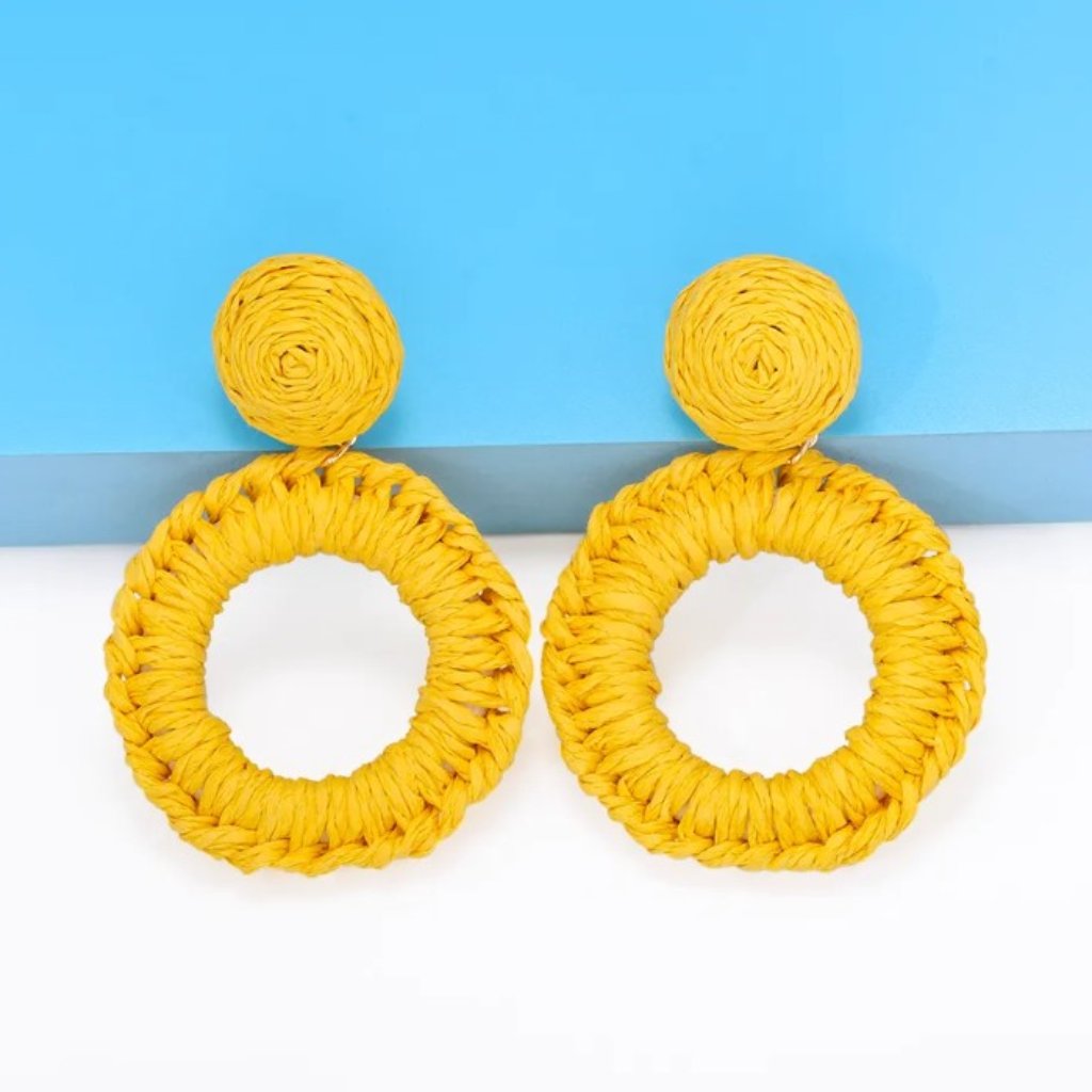 Bohemian Yellow Woven Braided Raffia Tropical Dangle Round Circle Earrings New